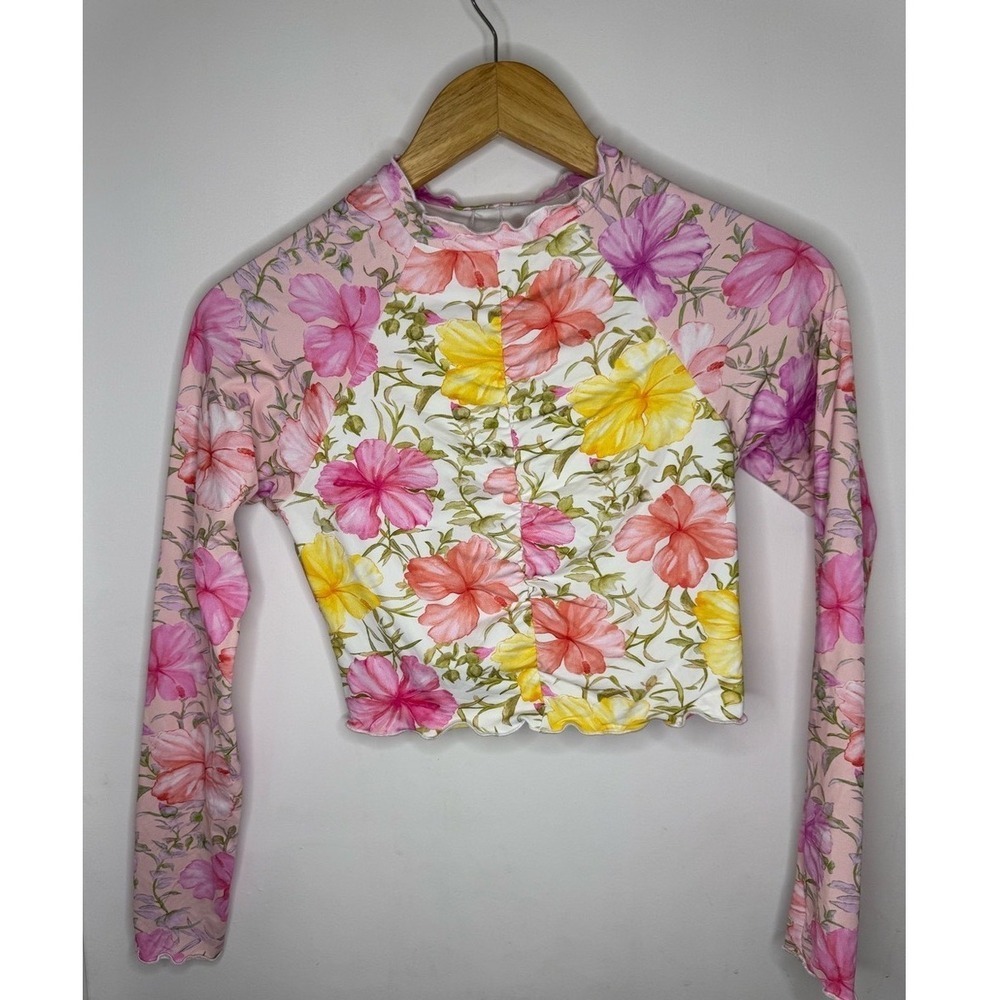 LoveShackFancy X Hurley Womens Rash Guard Swim Crop Top Hawaiian Hibiscus Large - Picture 2 of 6